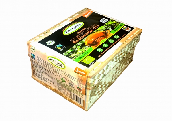 250 g MILANA Ceylon Fairtrade Demeter BIO-SCHWARZTEE LOSE OP1 Orange Pekoe 1 schwarzer Premium-Tee in HANDGEFLOCHTENEM TEEKÖRBCHEN, 55 Prozent des Verkaufspreises ist SOZIALE HILFSLEISTUNG - Der Tee, ... der nach Liebe schmeckt. Fair und nachhaltig herges